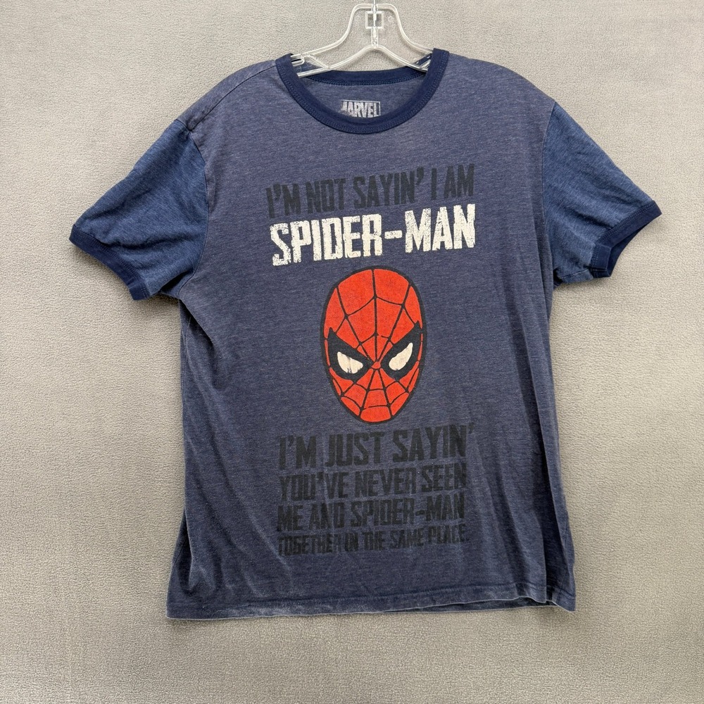 Marvel Spider-Man Mens Medium Blue Ringer T-Shirt Funny Graphic Tee MD
